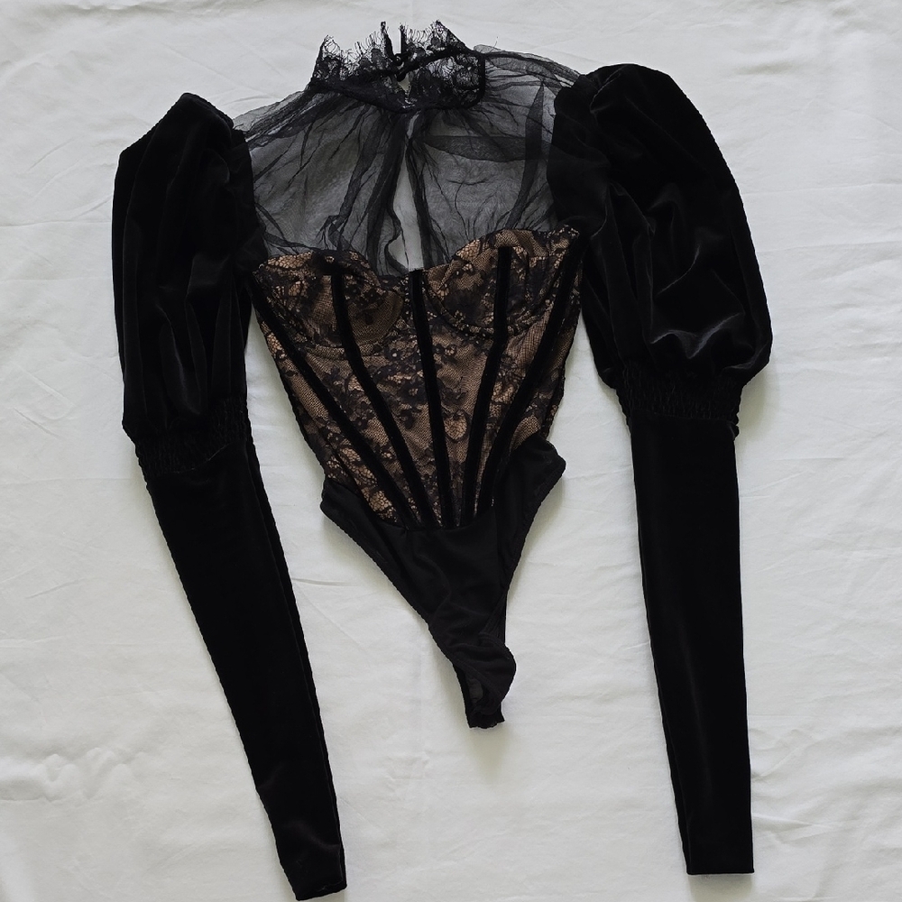 House of CB Black and Brown Asymmetrical Bustier Bodysuit